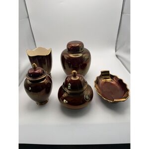 Carlton Ware Lustre Pottery Vanity 5 Piece Set Copper Gold Jars Vase Ashtray
